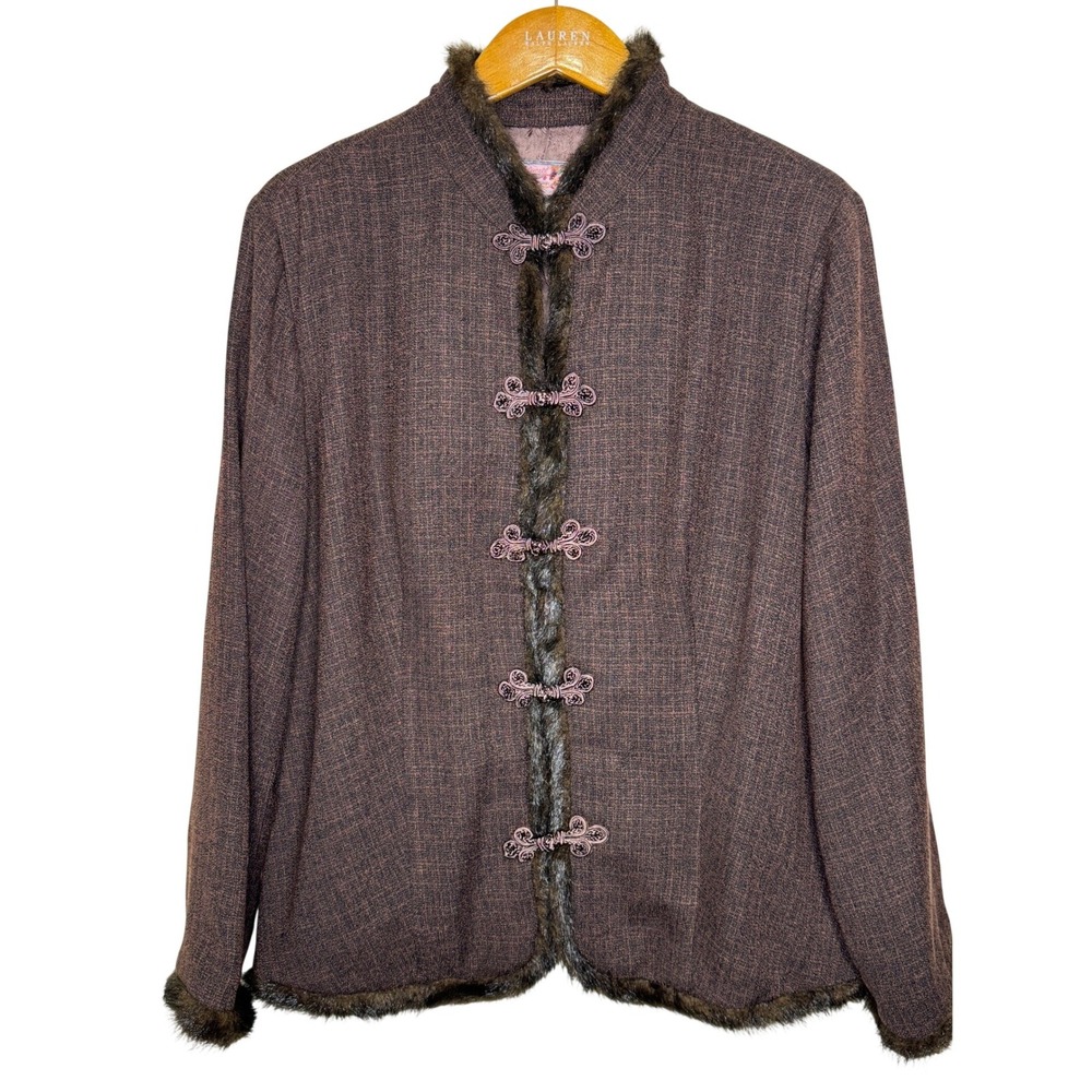 April Cornell Asian Style Button Front Faux Fur Trim Jacket‎ XL Brown
